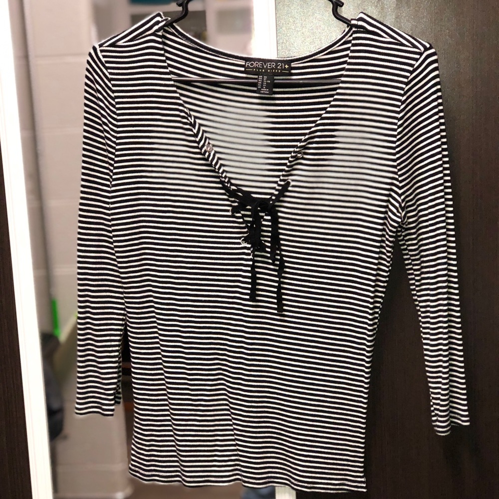 Laced up mid-sleeve striped top